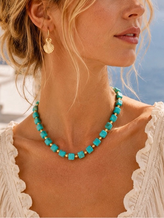 Jewelry - NWT Turquoise Gold Bead Choker Necklace 18k Gold Plated Boho Coastal Luxe